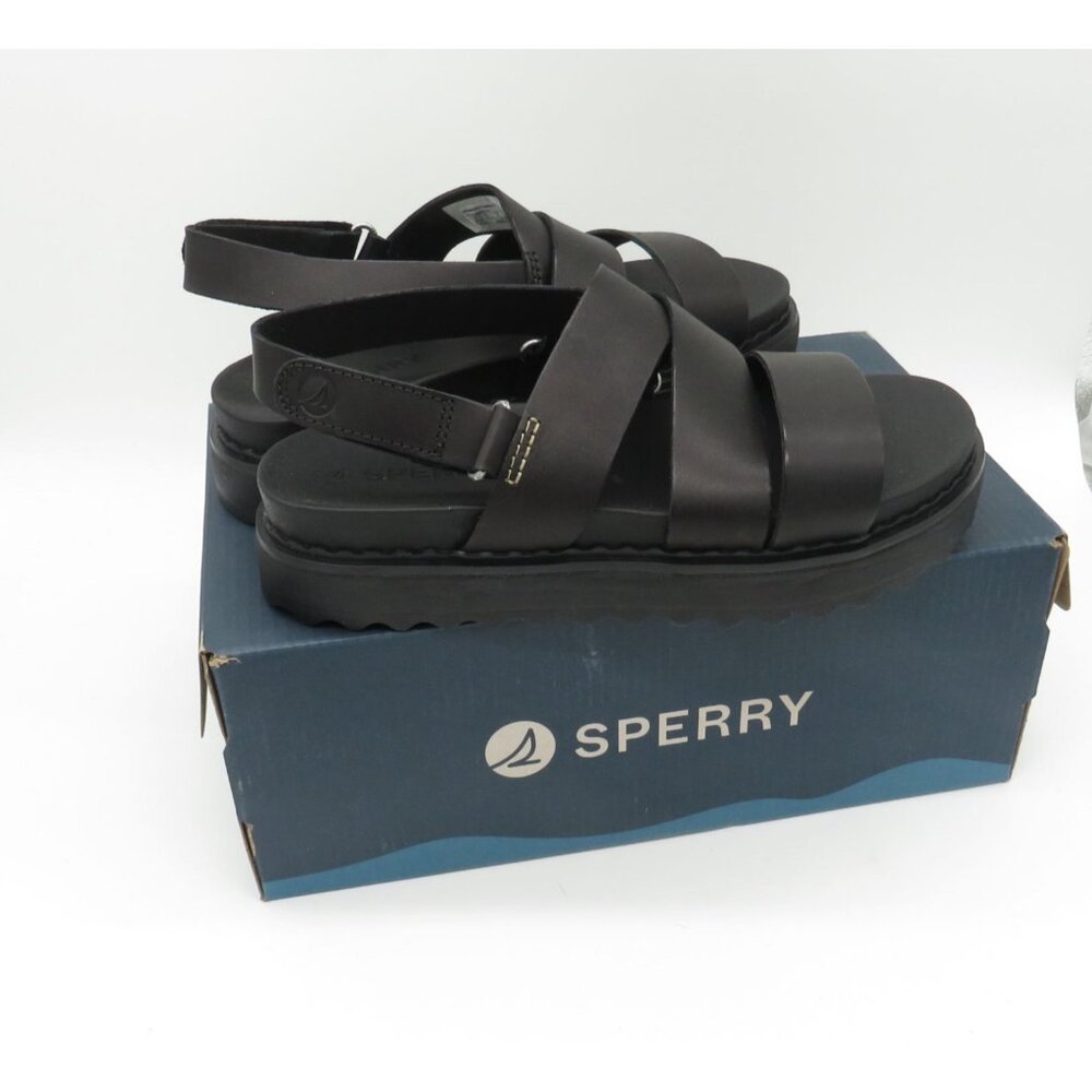 Sperry Womens Black Strappy Platform Sandals Adjustable Ankle Strap 6 NEW